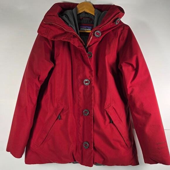 Patagonia Womens Small Frozen Range Down Puffer Jacket Hood Goretex Button Red - Picture 1 of 16